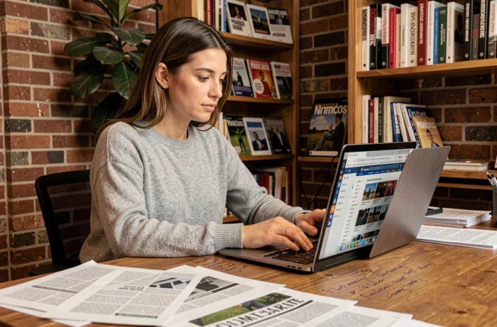 Femme consultant des sources d'information alternatives en ligne depuis son bureau à domicile entouré de journaux et de notes