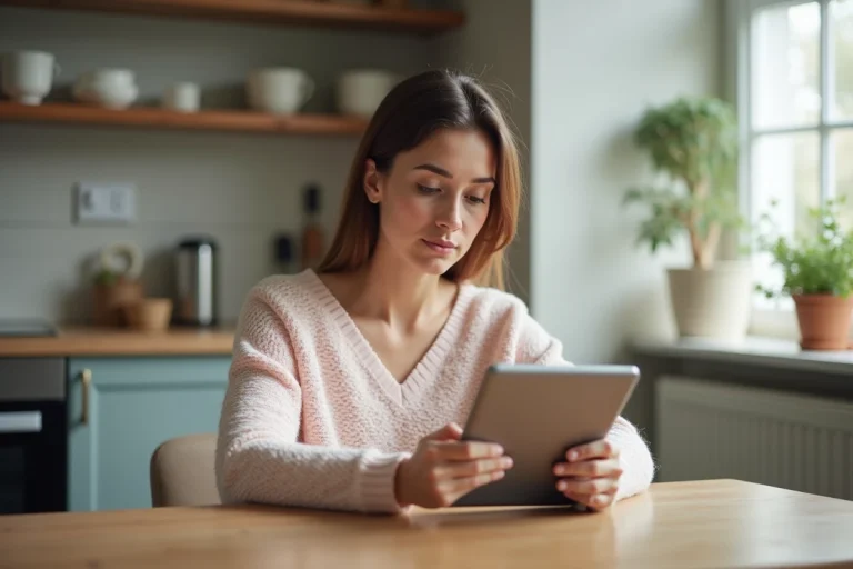 Femme utilisant une tablette pour vérifier résultats HCG dans une cuisine lumineuse