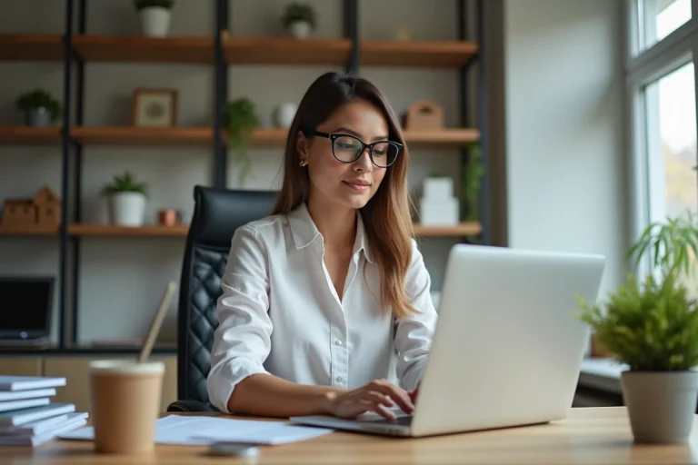 Femme en télétravail dans un bureau moderne et organisé