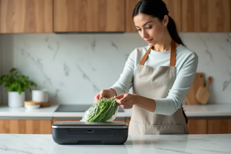 Femme utilisant une machine FoodSaver pour mettre sous vide des légumes frais dans une cuisine moderne