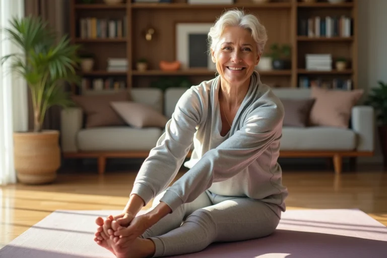 Femme âgée faisant du yoga dans un salon lumineux