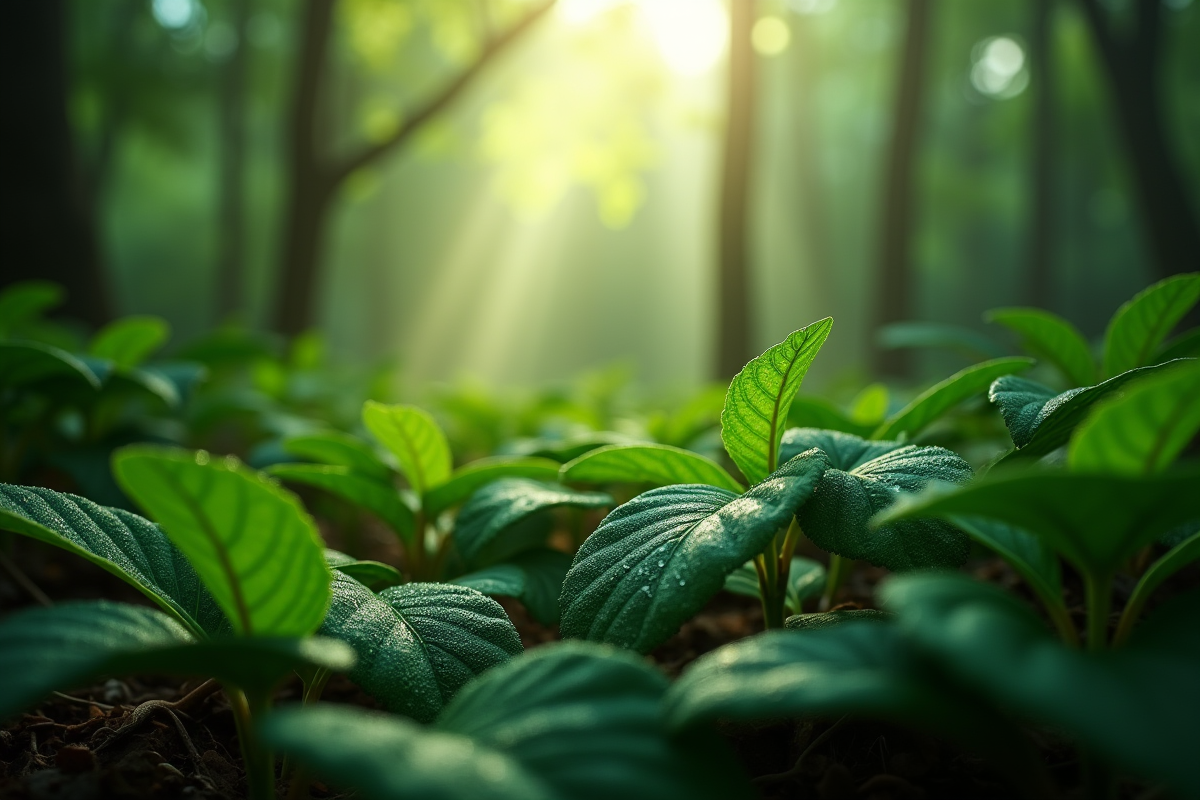 Feuillage vert luxuriant dans la forêt Daintree en lumière douce