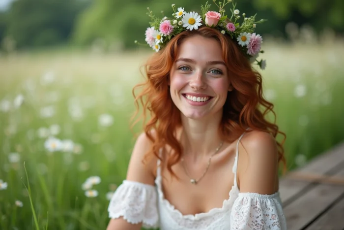 Femme avec une couronne de fleurs sauvages dans les cheveux dans un champ, accessoire naturel style guinguette