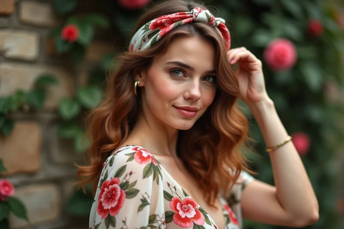 Femme nouant un foulard en soie coloré dans ses cheveux, accessoire rétro de style guinguette