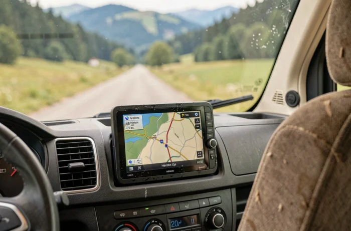 GPS de camping-car affichant l'itinéraire vers la cascade du Hérisson dans le Jura