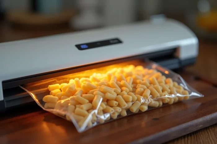 Gros plan sur le processus de scellage sous vide du FoodSaver V2860 en train de sceller un sachet de pâtes