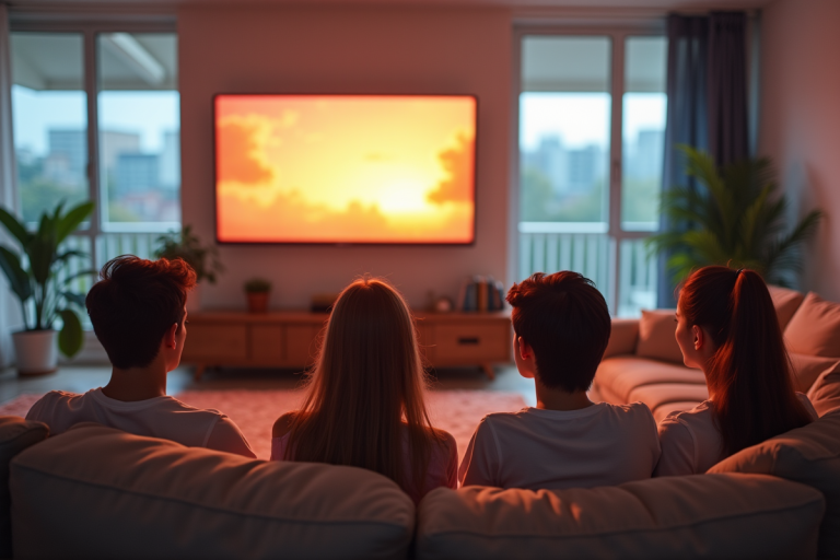 Groupe de jeunes regardant anime dans un salon lumineux