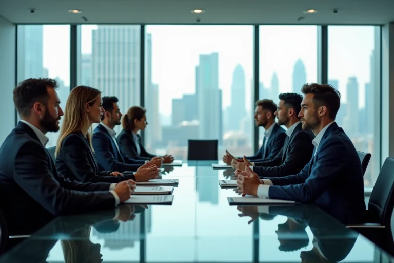 Groupe de professionnels en réunion dans une salle moderne
