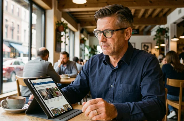 Homme lisant l'actualité alternative sur une tablette numérique dans un café urbain avec une tasse de café