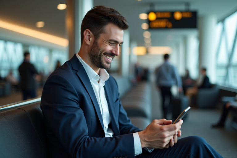 Homme d'affaires souriant vérifiant ses points de vol à l'aéroport