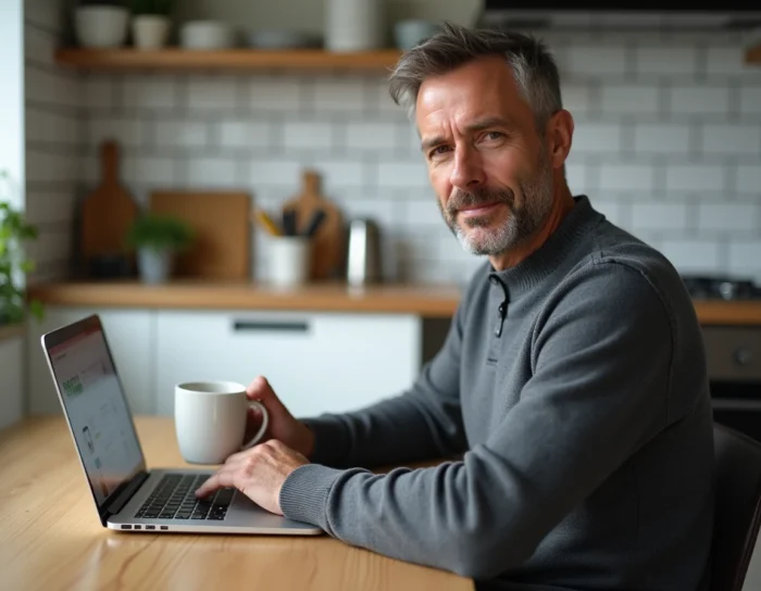 Homme comparant les services Absolutis sur un ordinateur portable depuis son domicile