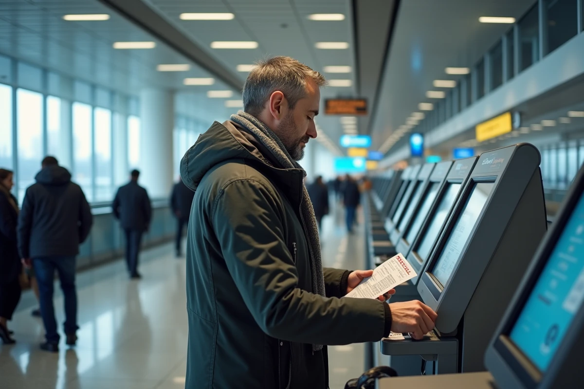 Homme enregistrement à un comptoir d