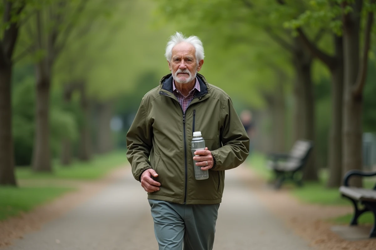 Homme âgé marchant dans un parc verdoyant