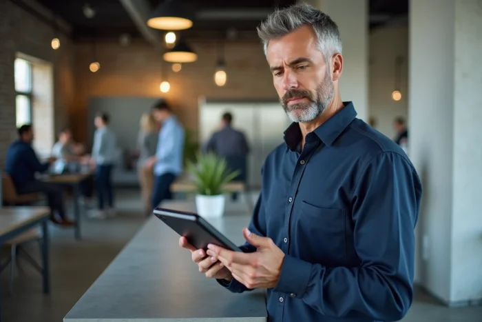 Homme consultant les pages d'un site web sur une tablette dans un espace de coworking moderne