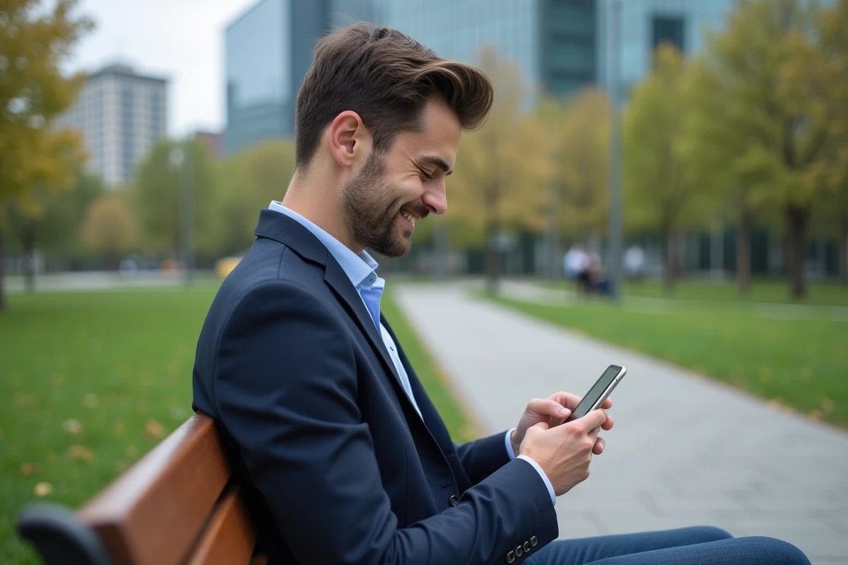 Jeune homme souriant vérifiant ses offres d emploi dans un parc