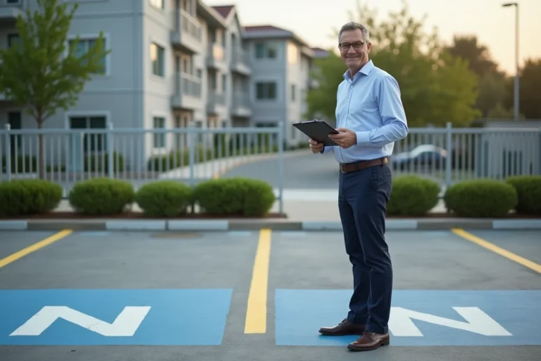 Homme d'affaires devant parking privé neuf