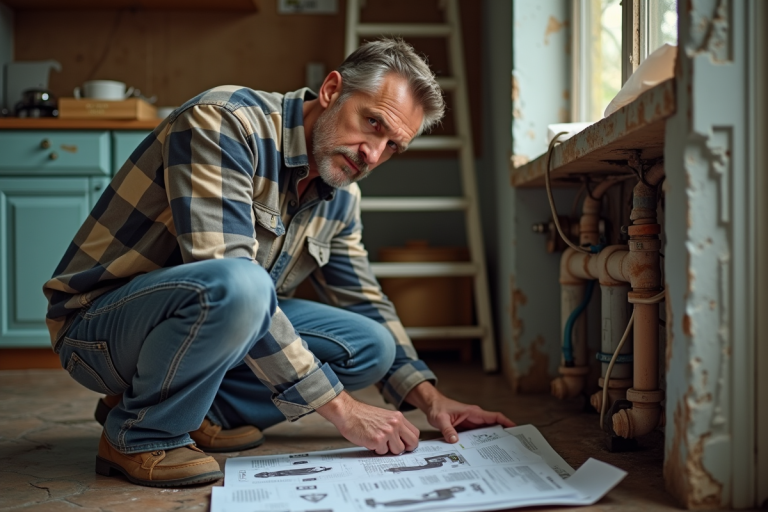 Homme moyen âge examine plomberie dans cuisine en rénovation