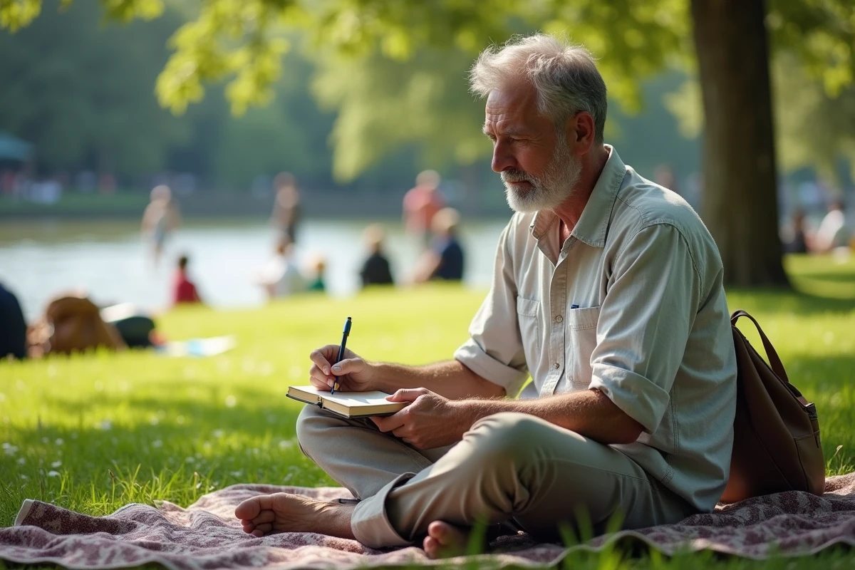 Homme écrivant dans un journal de voyage dans un parc ensoleille