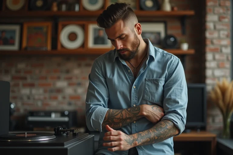 Homme tatoué dans un loft urbain regardant un tourne-disque