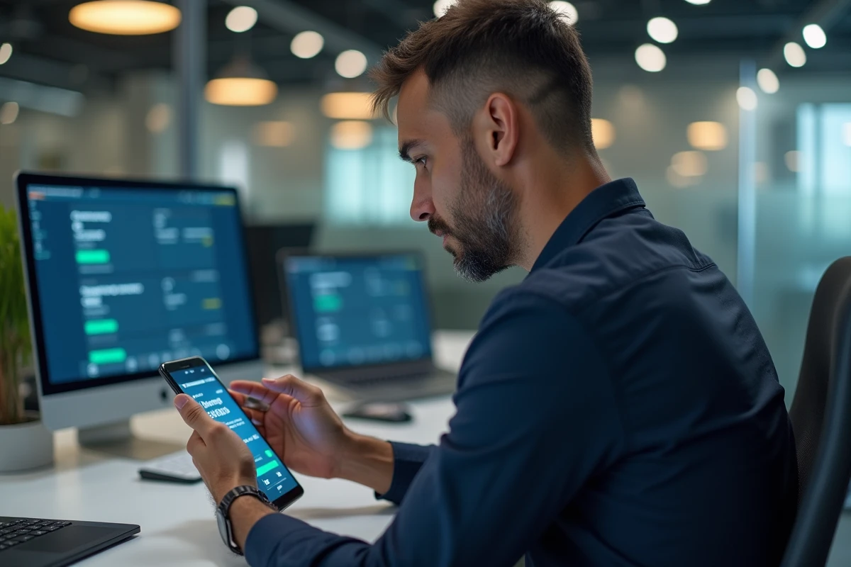 Homme en chemise navy utilisant son smartphone pour la banque