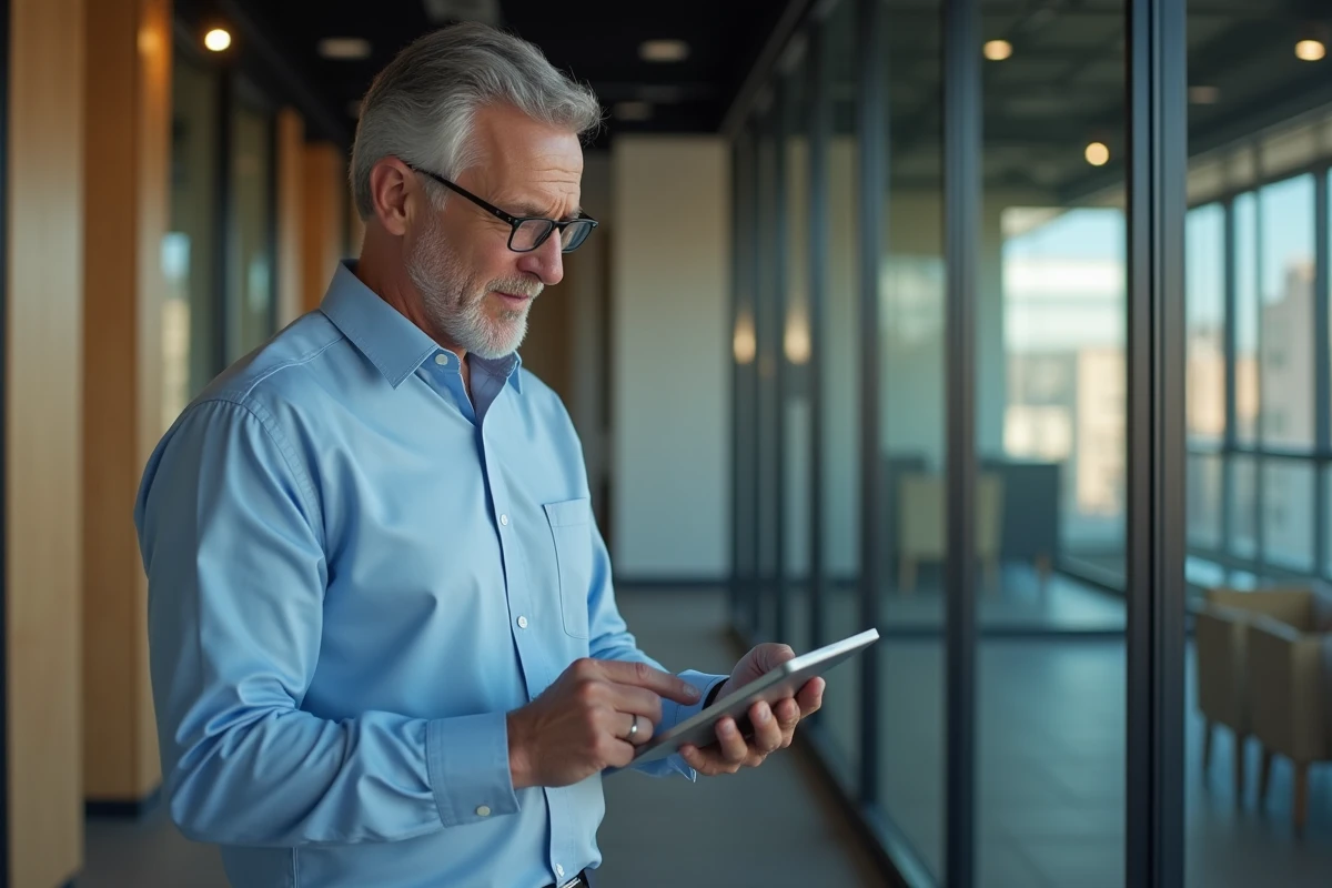Homme daffaires consulte ses fiches de paie sur une tablette