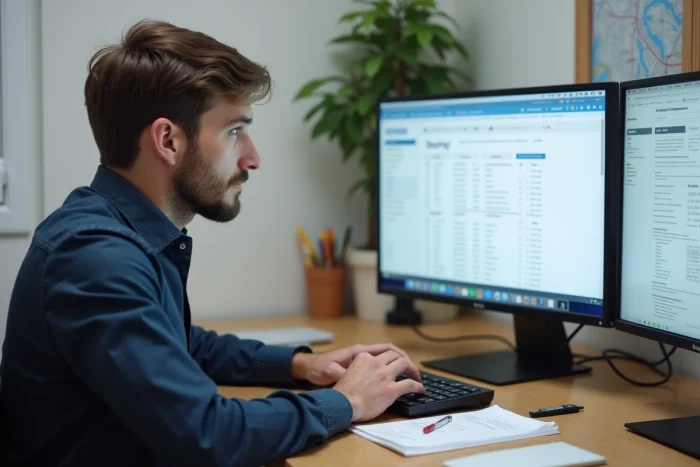 Homme vérifiant ses documents de candidature sur le portail universitaire e-candidat depuis son bureau à domicile