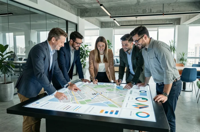 Équipe de professionnels collaborant sur des projets innovants dans un hub numérique des Yvelines