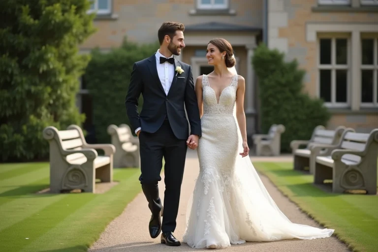 Jeune couple en mariage dans un jardin élégant