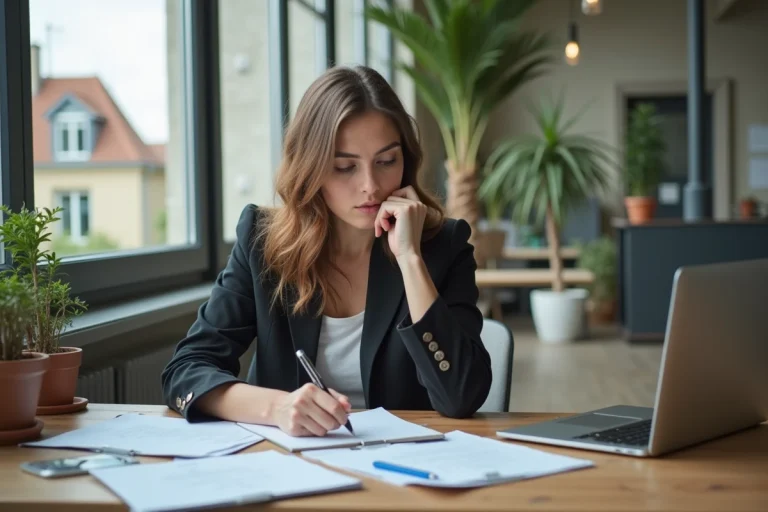 Jeune femme en coworking à Paris avec ordinateur et notes