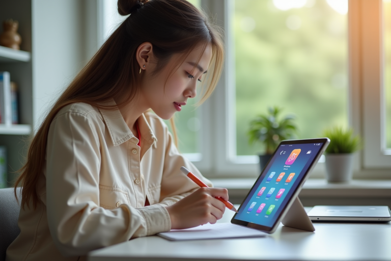 Jeune femme étudiant avec tablette numérique lumineuse
