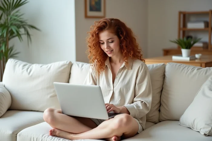 Jeune femme explorant les pages d'un site web sur son canapé dans un salon scandinave