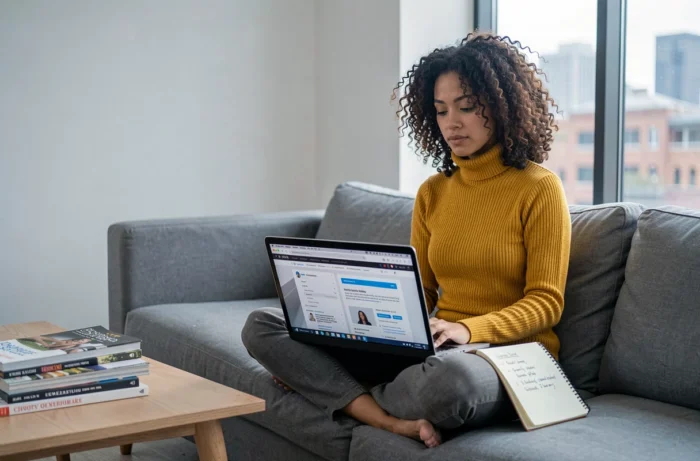 Jeune femme effectuant des recherches sur des médias alternatifs en ligne depuis son salon avec un carnet de notes