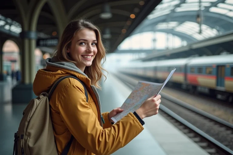 Jeune femme souriante à la gare européenne vérifiant une carte
