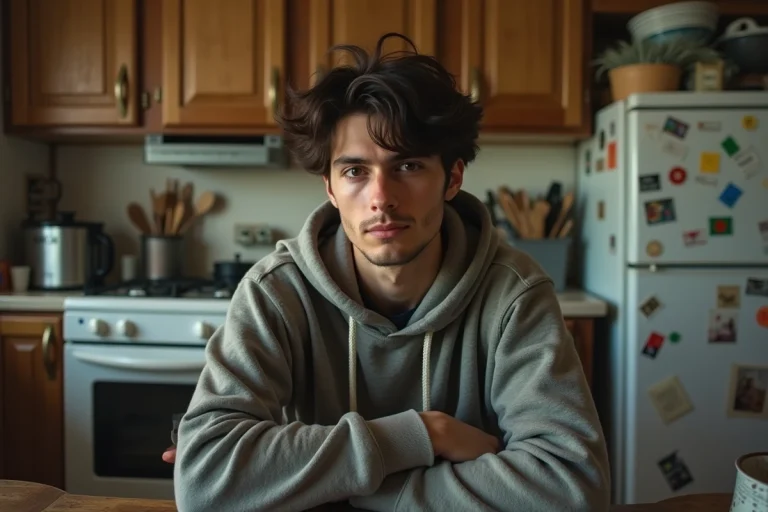 Jeune homme pensif dans une cuisine modeste et authentique