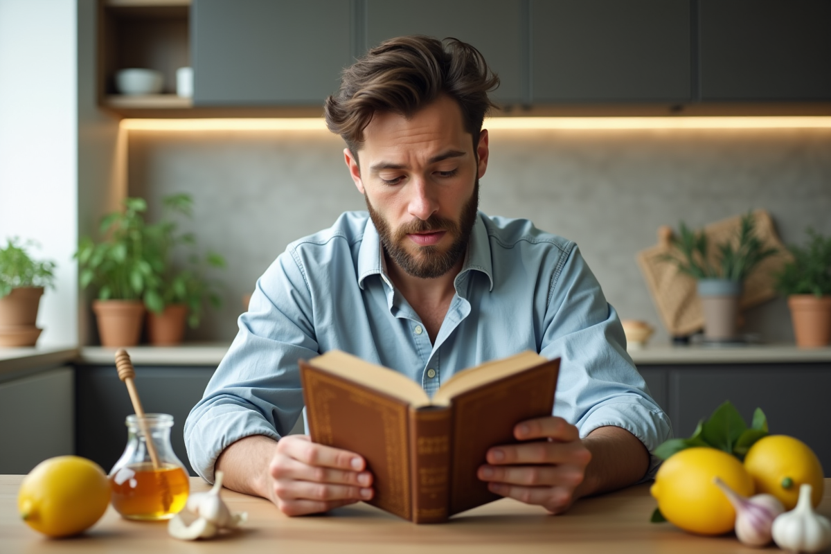 Jeune homme lisant un livre de remèdes anciens dans une cuisine moderne