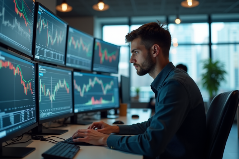 Jeune trader analysant des graphiques sur plusieurs écrans