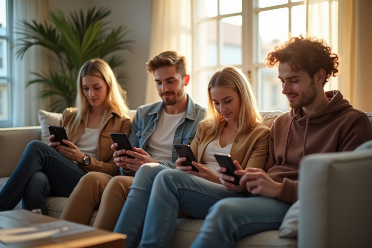 Groupe de jeunes adultes regardant des écrans dans un salon lumineux