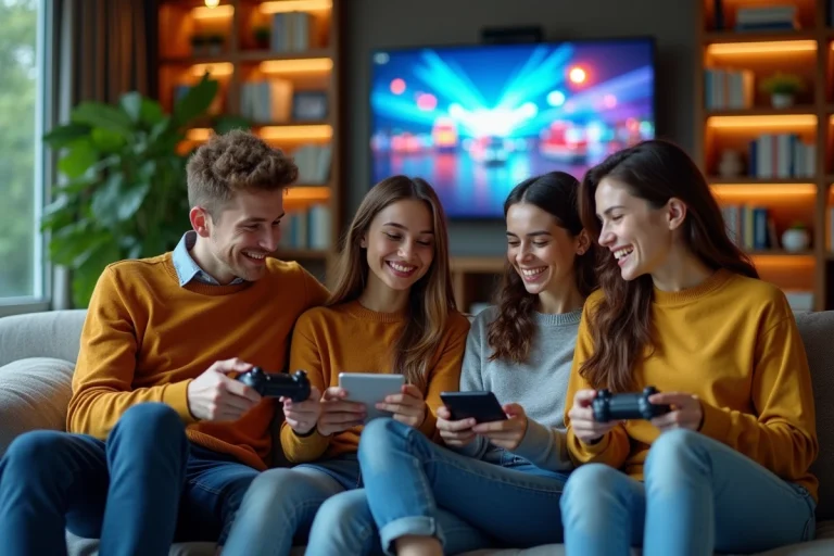 Groupe de jeunes adultes utilisant des appareils technologiques en salon