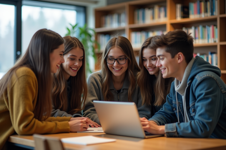 Groupe d'élèves au lycée discutant autour d'une tablette