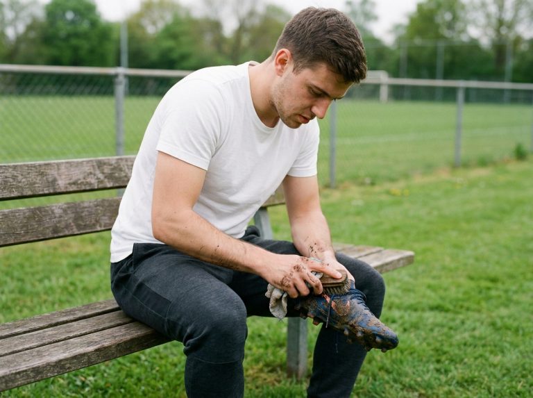 Jeune joueur de football nettoyant ses chaussures dans un parc
