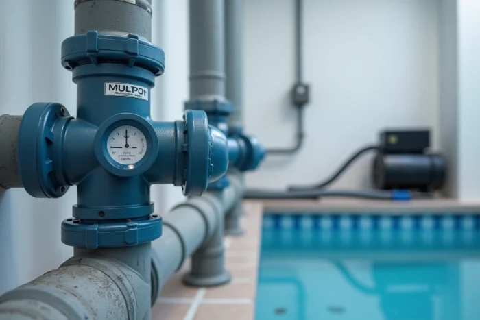 Local technique de piscine avec vannes PVC et tuyaux de filtration visibles, prêt pour le nettoyage au balai aspirateur