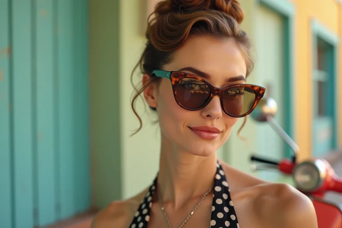 Femme portant des lunettes de soleil cat-eye écaille rétro dans une ambiance années 50, style guinguette