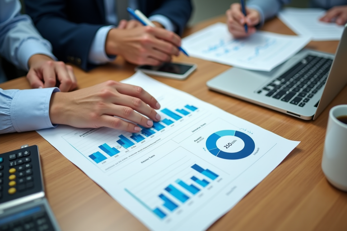 Mains manipulant outils financiers sur bureau en lumière naturelle