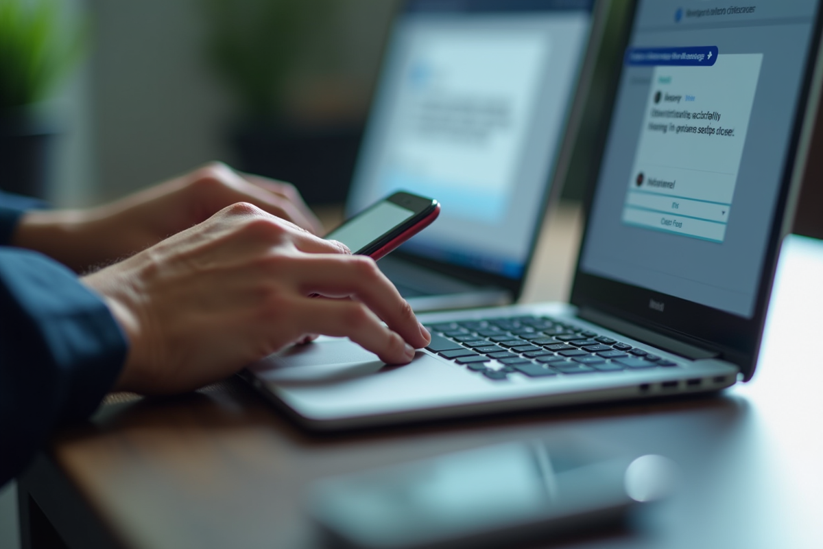 Mains utilisant un smartphone et un ordinateur avec messages cryptes