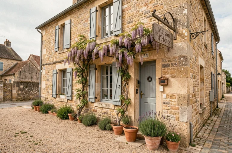 Façade d'une maison d'hôtes de charme en pierre charentaise avec volets bleus et glycine grimpante à Mornac-sur-Seudre