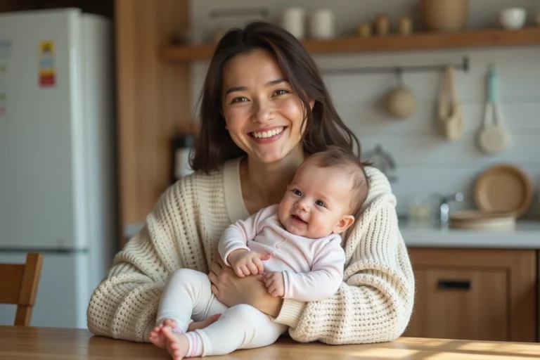 Jeune maman souriante avec son bébé dans un cadre cosy