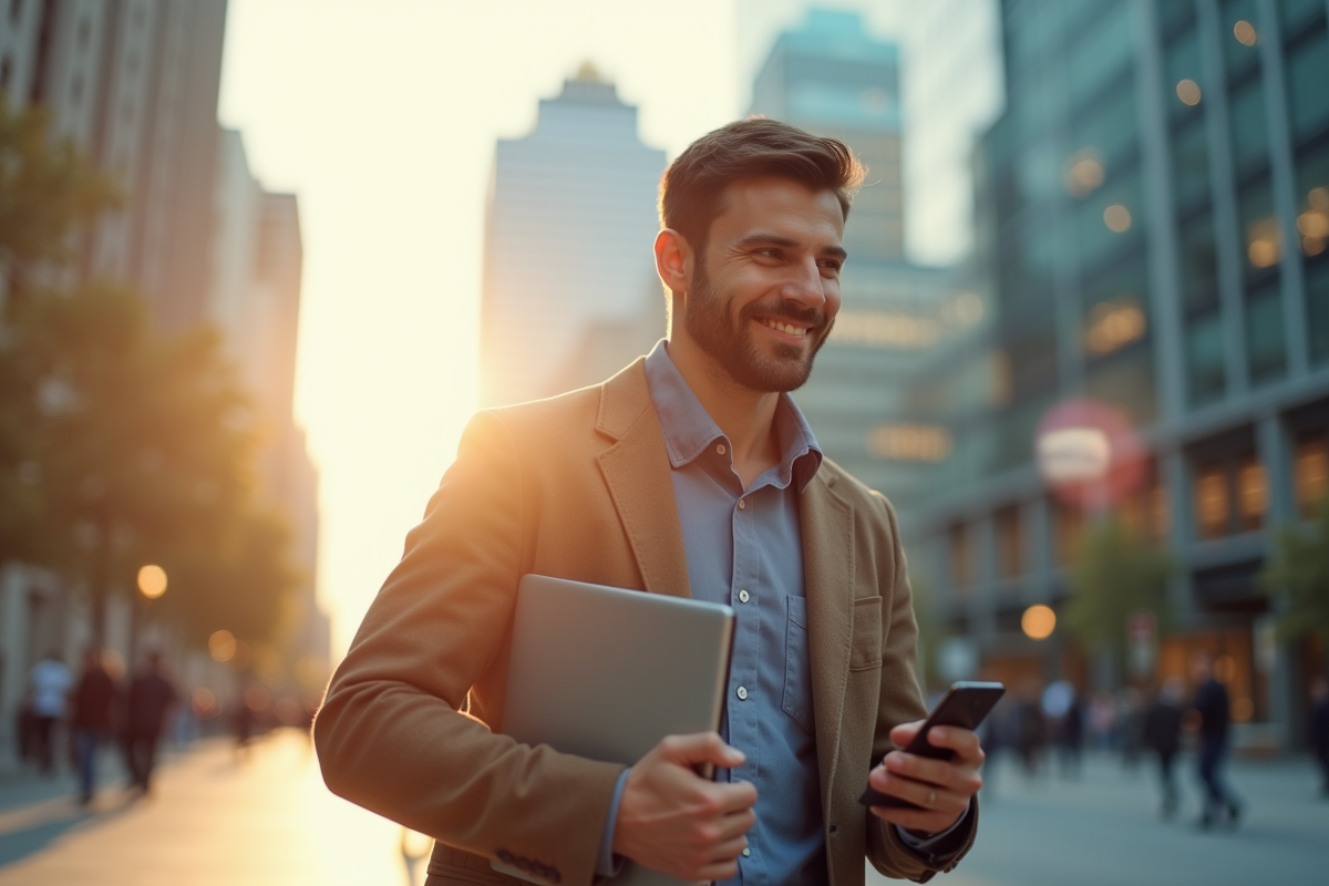 Expert marketing numérique marchant en ville avec ordinateur portable