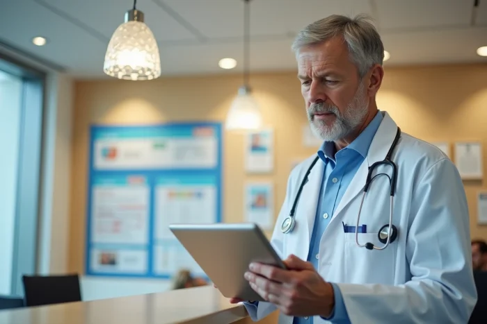 Médecin généraliste consultant une tablette dans une clinique médicale moderne