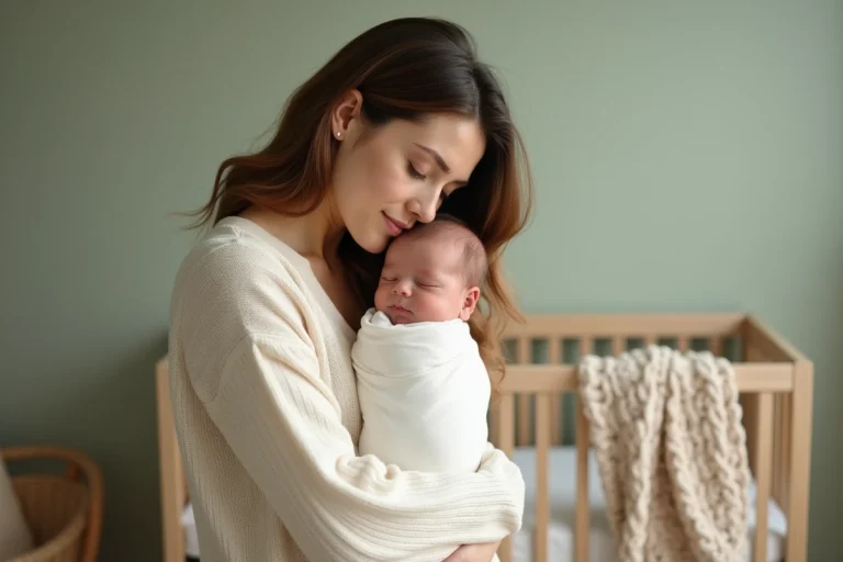 Jeune mère tenant tendrement son nouveau-né endormi dans une chambre de bébé douillette aux tons naturels
