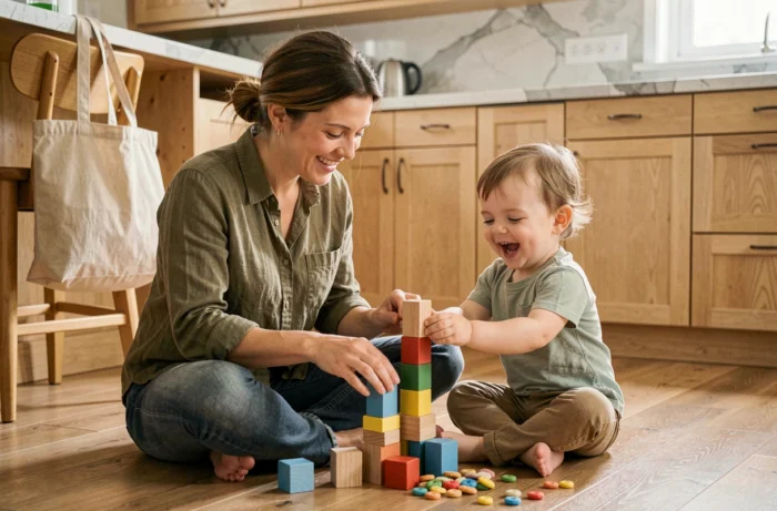 Mère et enfant en bas âge jouant avec des blocs en bois sur le sol de la cuisine familiale, tendances parentales modernes